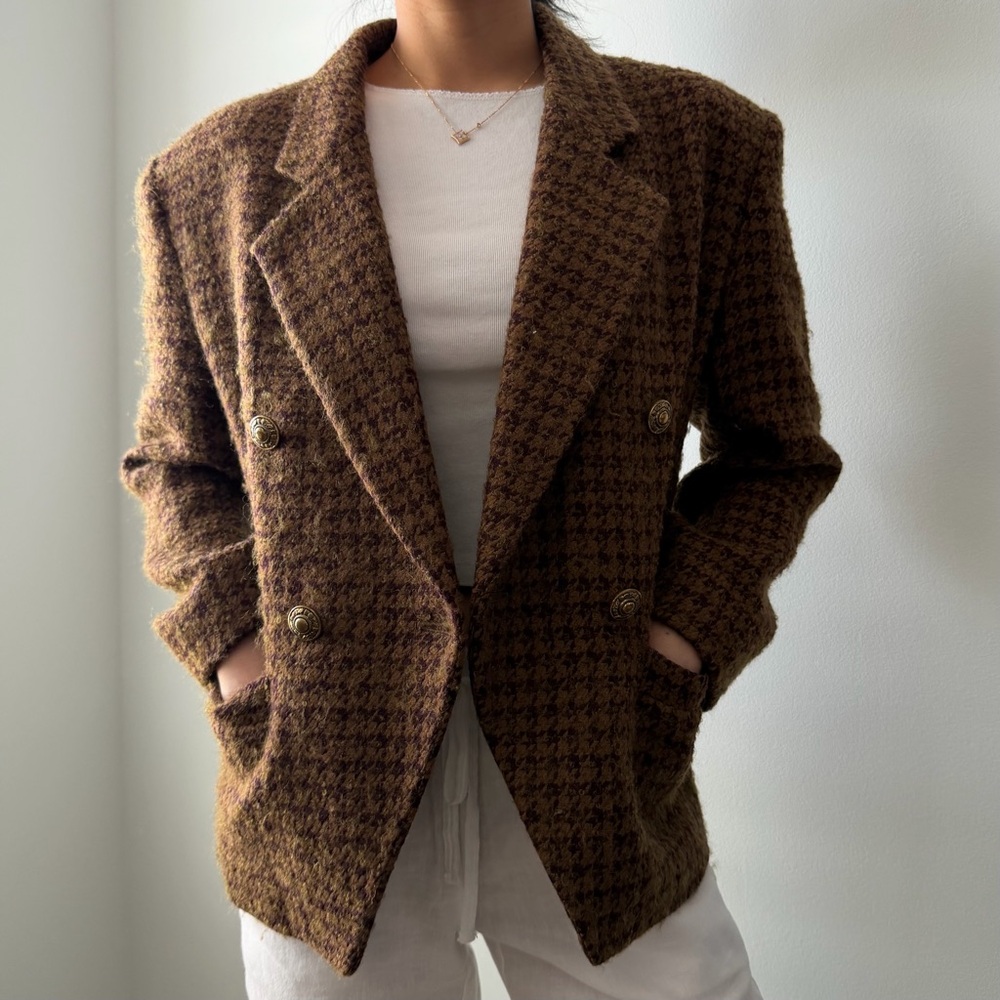 1990s Made in Canada Brown Houndstooth Wool and Mohair Blazer - Small